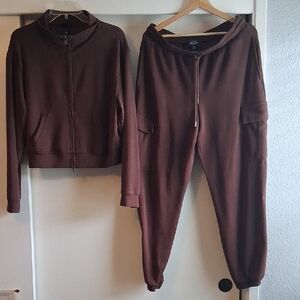 Chocolate Brown 2 Piece Set Soft Ponte Knit Cargo Joggers & Zip Up